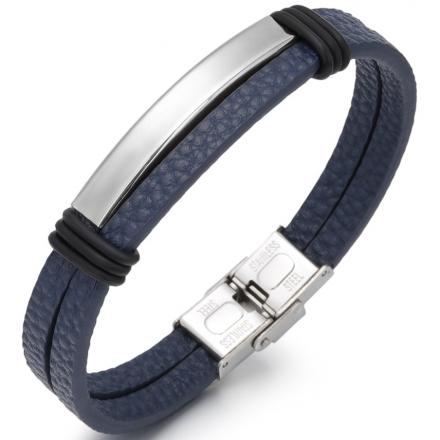 Naramek-Trendy-Modra-Stribrna-M17895 Bracelet en cuir tissé simple pour hommes et acier inoxydable